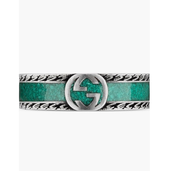 Gucci Silver Band Ring with Teal band accent and Double G - Picture 3 of 11
